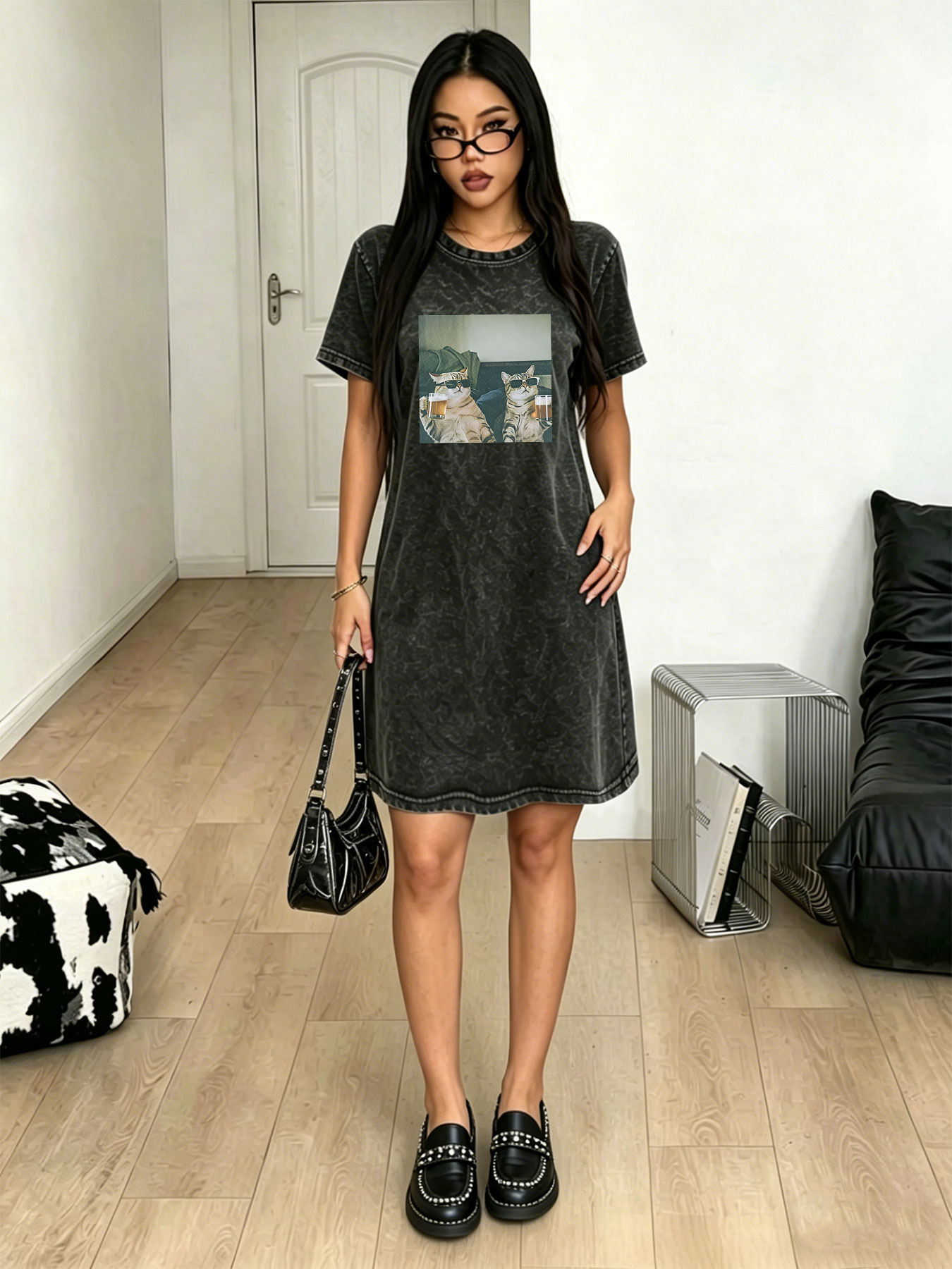 Streetwear Brand Cat - فستان تي شيرت نسائي بتصميم عتيق